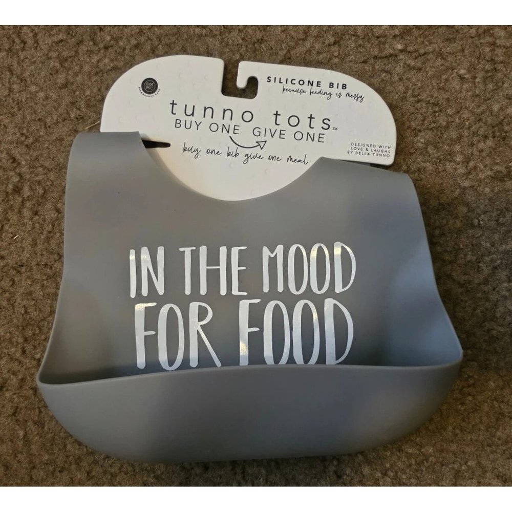 Tunno Tots Silicone Bib Gray - "In The Mood For Food" NEW